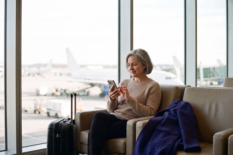 A woman in an airport lounge, her suitcase beside her, tapping her phone