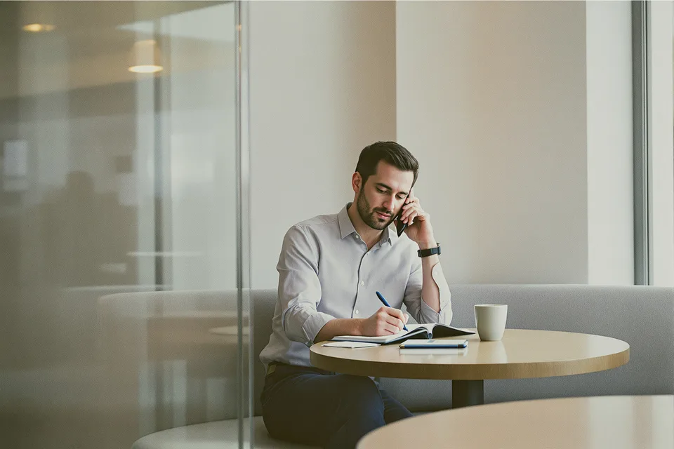 A consultant on a phone call, taking notes in a notebook