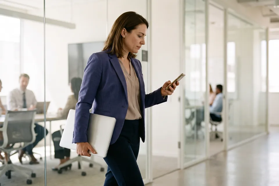 A woman walking down an office corridor with her laptop under her arm, checking her phone
