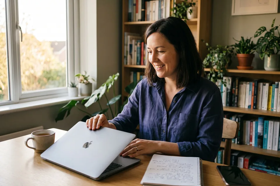 A woman in a bright study in the late afternoon, smiling as she closes her laptop, with a cup of tea and a notebook full of notes beside her