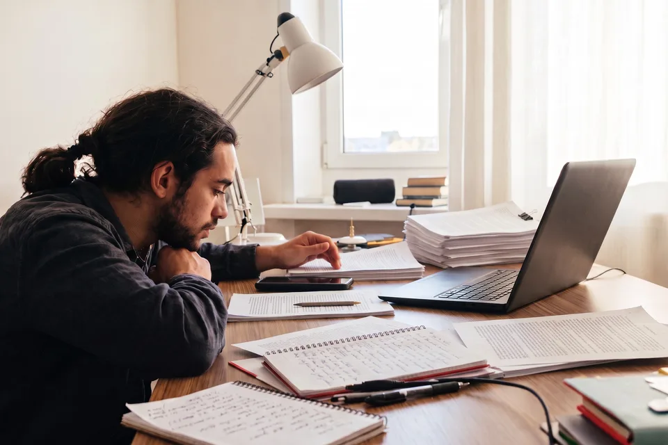 A man at a desk by a window, sorting printed pages and handwritten notebooks, with his phone and an open laptop beside him
