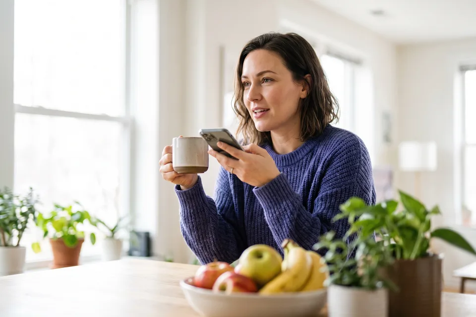 A woman in her kitchen in the morning, coffee in hand, speaking to her phone
