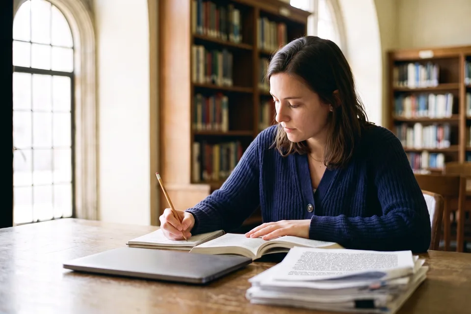 A researcher at a library table taking notes from a book, with printed reports beside her