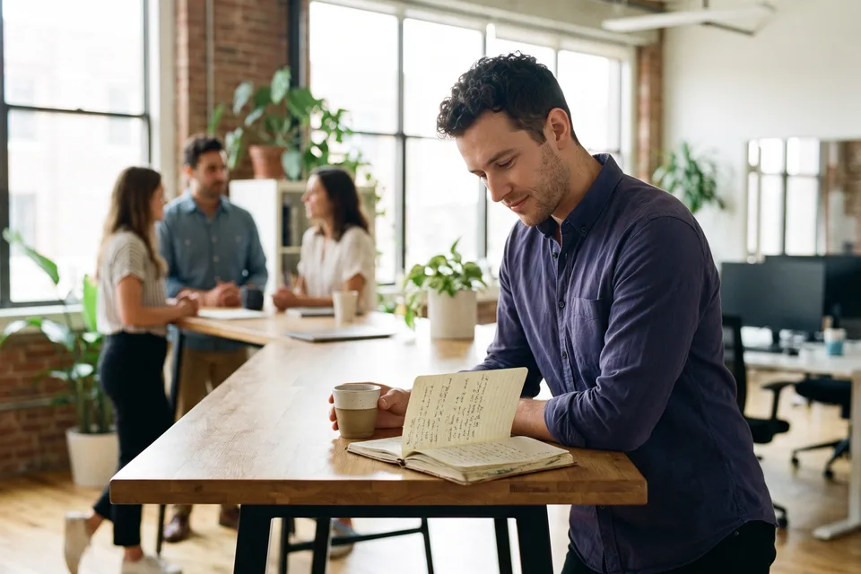 A man standing at a shared table in a bright office, reading his handwritten notes, with three colleagues talking at another table behind him