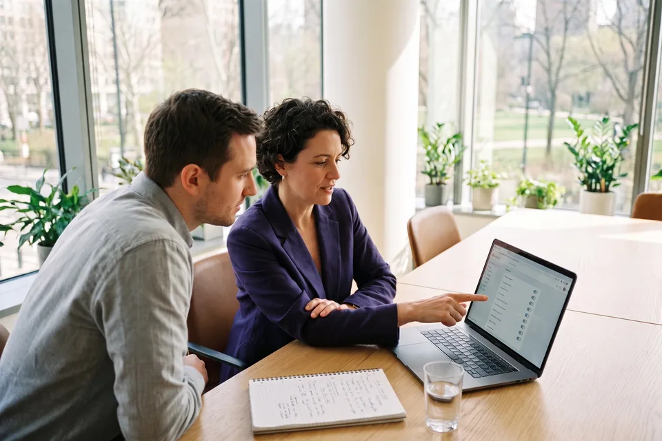 In a bright meeting room, a woman points at a switch in the settings on a laptop screen while a younger colleague beside her follows along