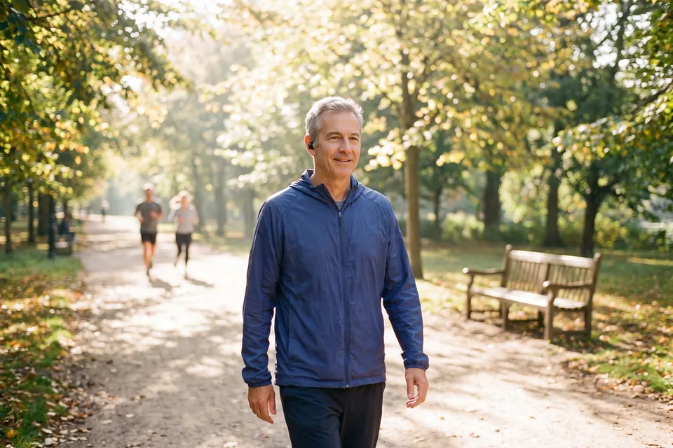 A man on a morning walk along a tree-lined path in a park