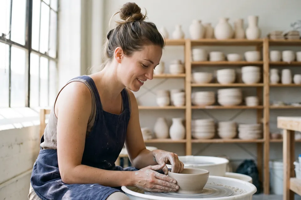 A woman smiling as she shapes a clay bowl on a pottery wheel