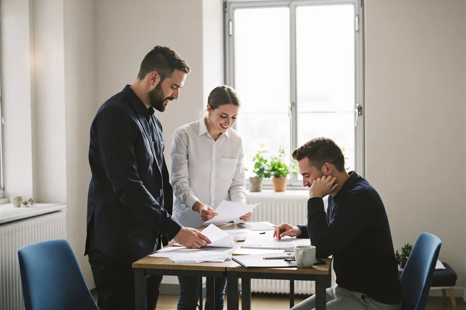 Three colleagues going through printed pages together at a table, two standing and one seated