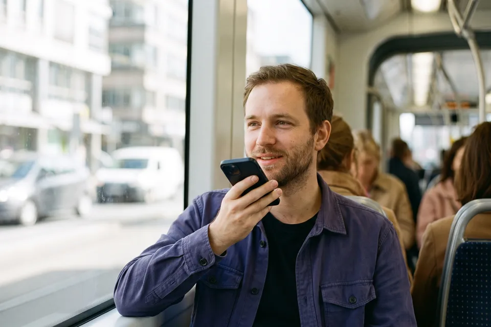 A man on a tram recording a voice note on his phone