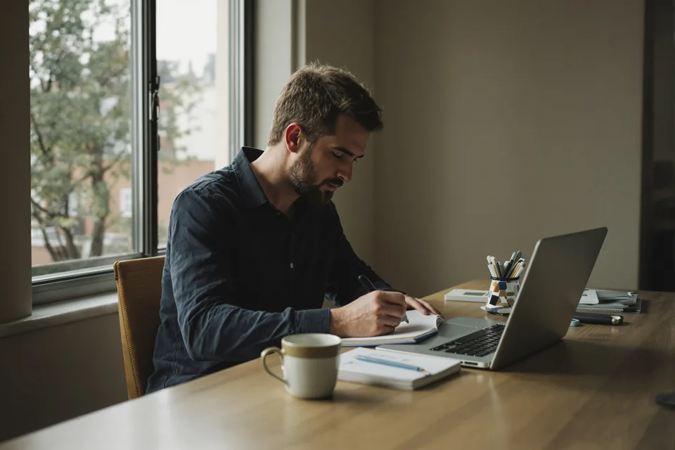 A person writing in a notebook at a desk by a window in the morning
